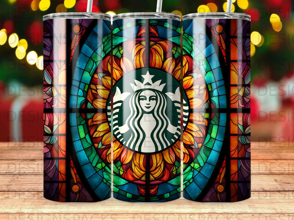 Starbucks logo on stained glass pattern tumbler with bokeh background.