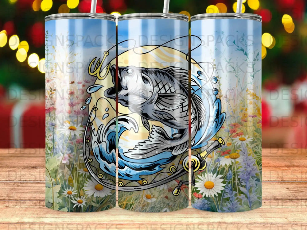 Bass leaping from water with fishing rod and wildflowers.