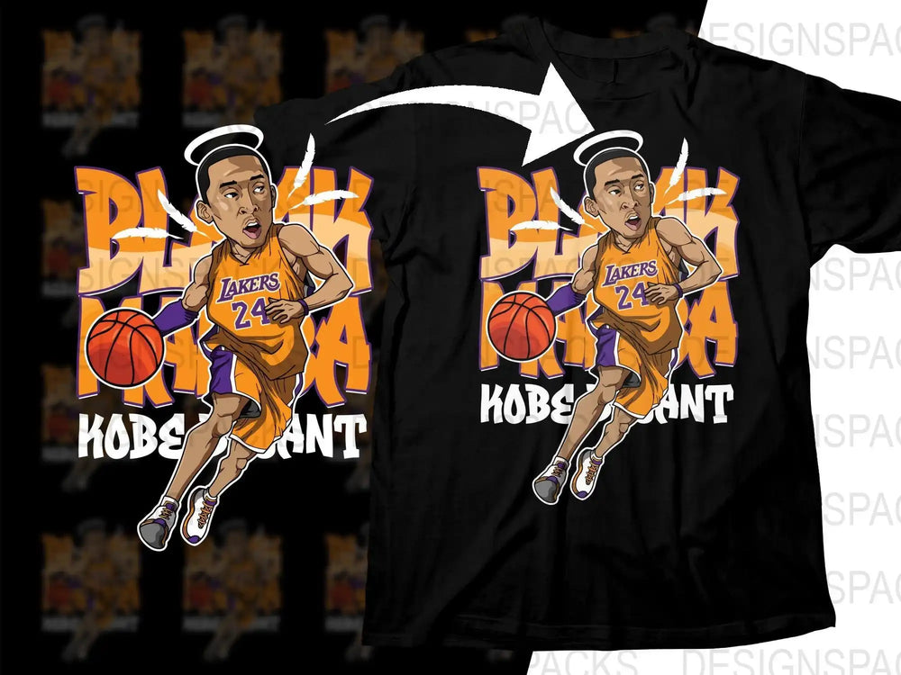 Kobe Bryant Lakers 24 t-shirt design with angel halo and basketball graphic