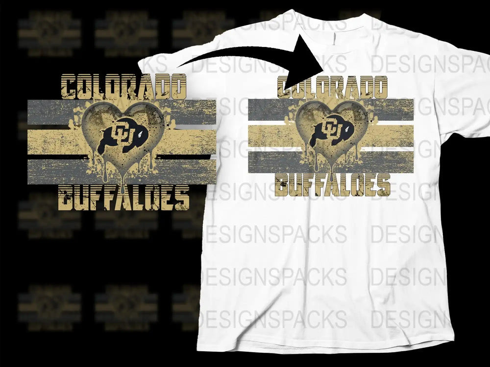 Colorado Buffaloes heart design on white t-shirt, distressed style, print-ready graphic
