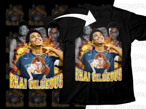 Shai Gilgeous basketball player design on black t-shirt with flame effects, print-ready for DTG/DTF