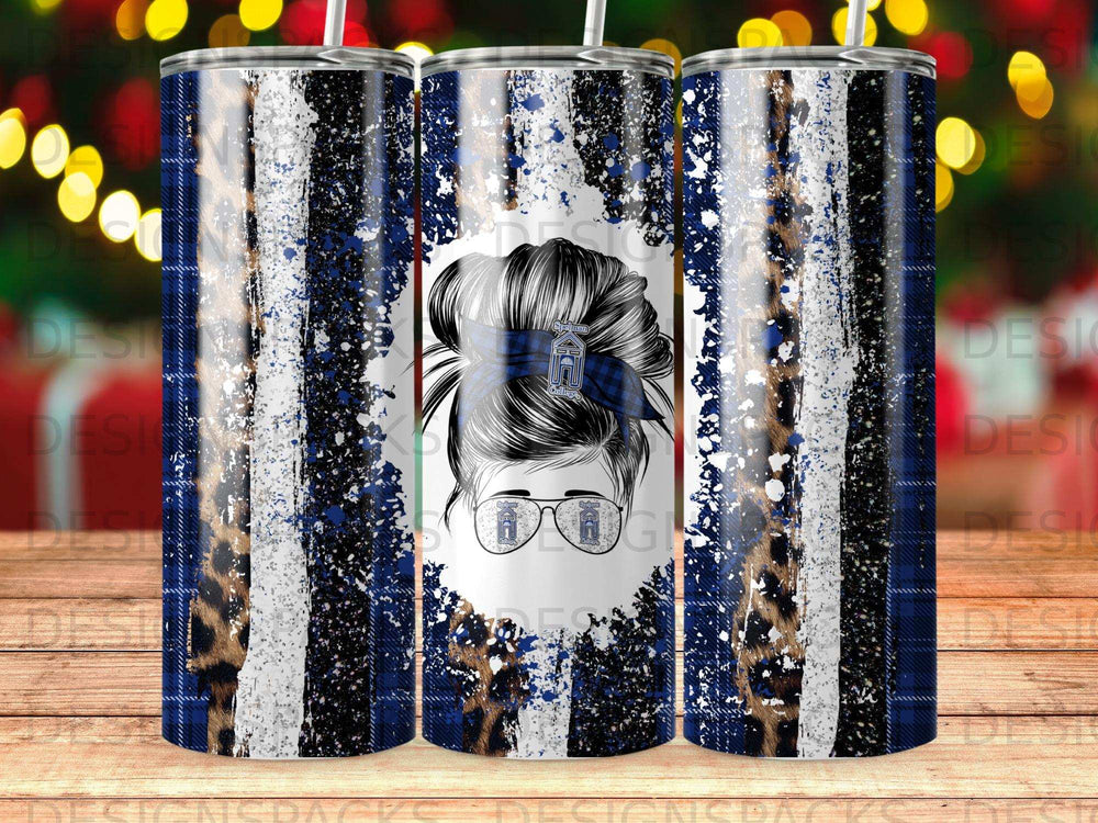 Tumbler with distressed blue plaid, leopard print, and a woman's messy bun silhouette.