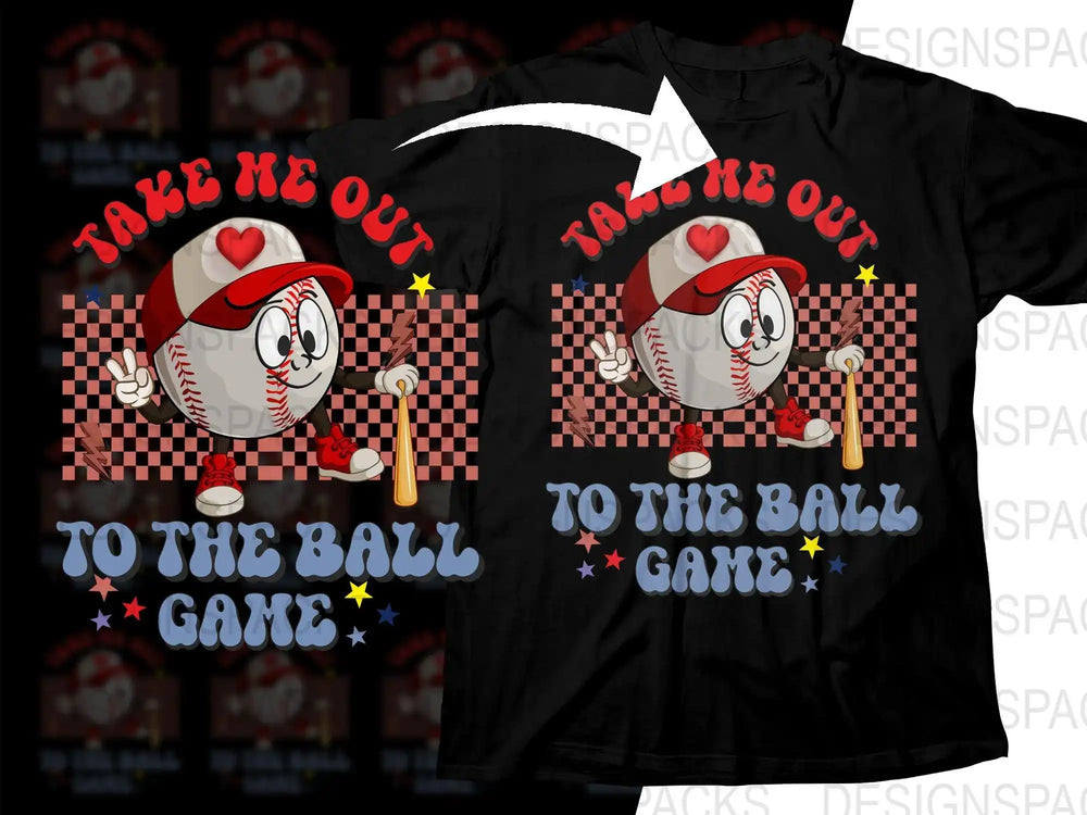 Cute baseball character t-shirt design with 'Take Me Out to the Ball Game' text, perfect for DTF/DTG printing