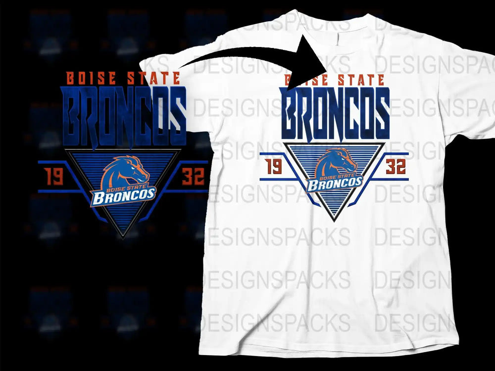 Boise State Broncos t-shirt design with bold blue and orange graphics, ideal for DTF/DTG printing.