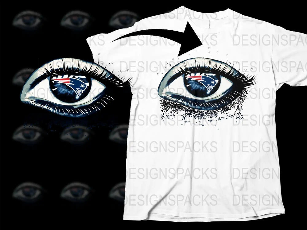 New England Patriots eye design on white t-shirt, print-ready DTF/DTG graphic with glitter effect
