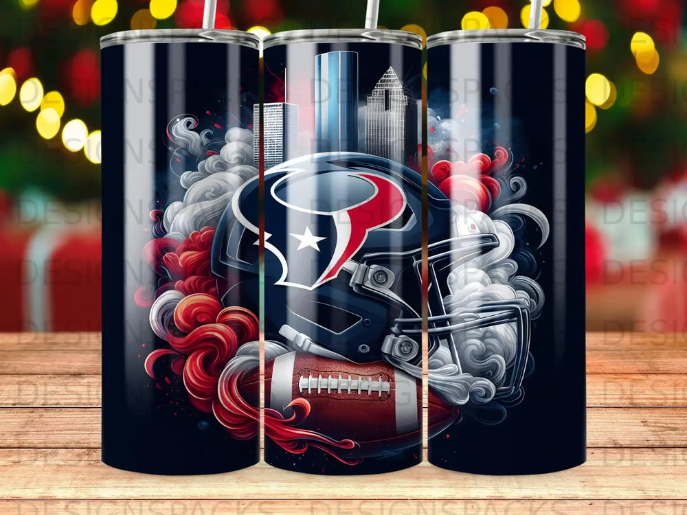 Houston Texans helmet and football with swirling smoke and city skyline.