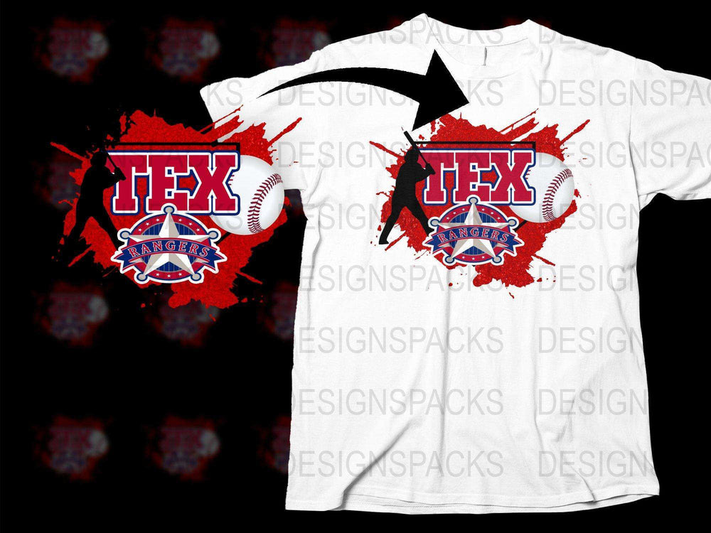 Texas Rangers baseball design on white t-shirt with red splatter and player silhouette