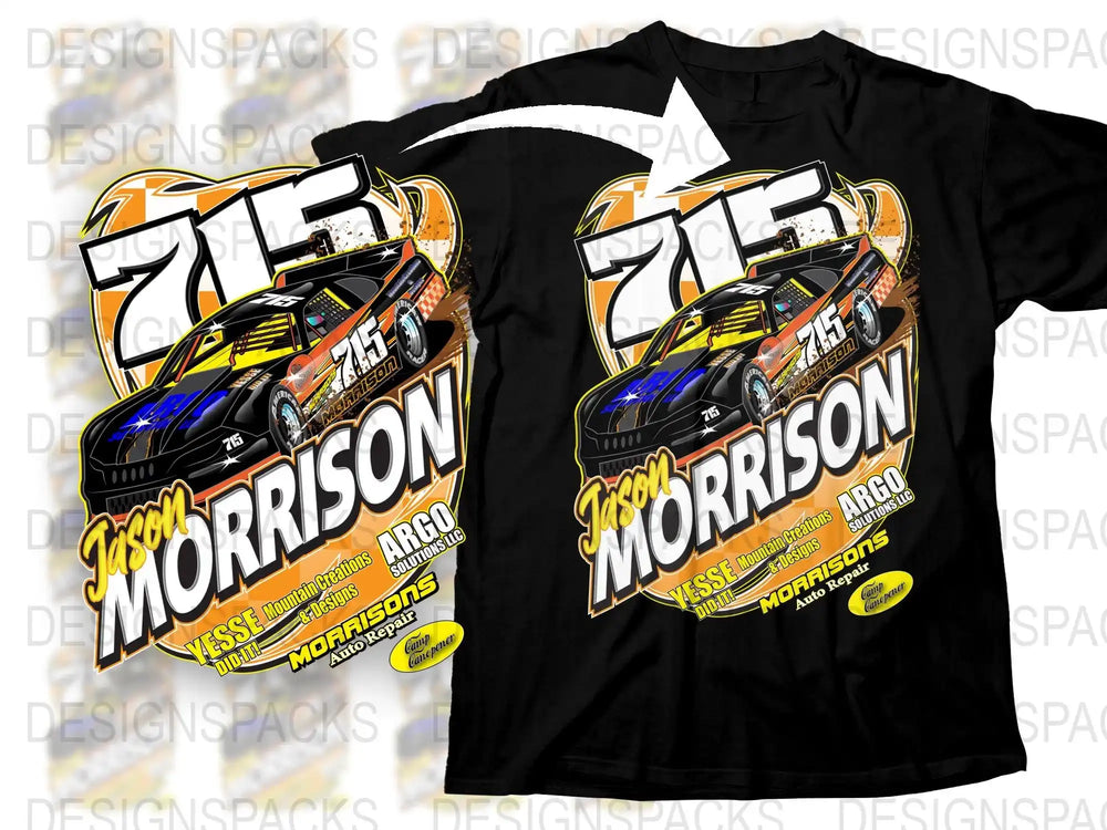 Jason Morrison racing car design on black t-shirt, print-ready for DTG/DTF, featuring sponsor logos and bold graphics.
