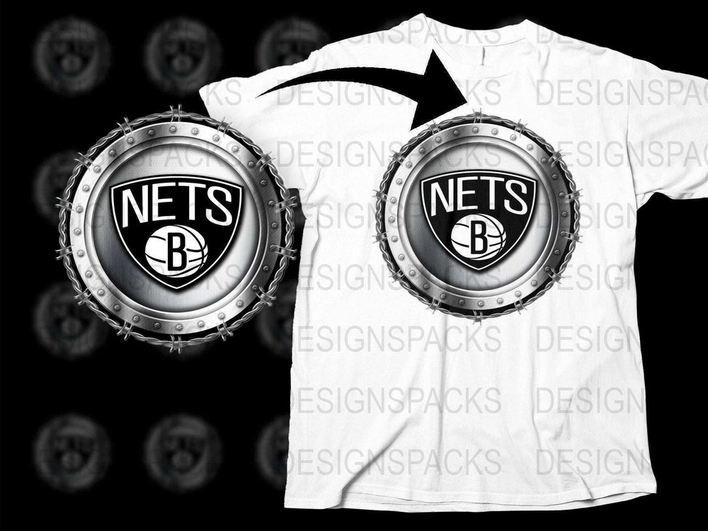 Brooklyn Nets logo in metallic circular frame, print-ready for t-shirts, DTF/DTG design bundle