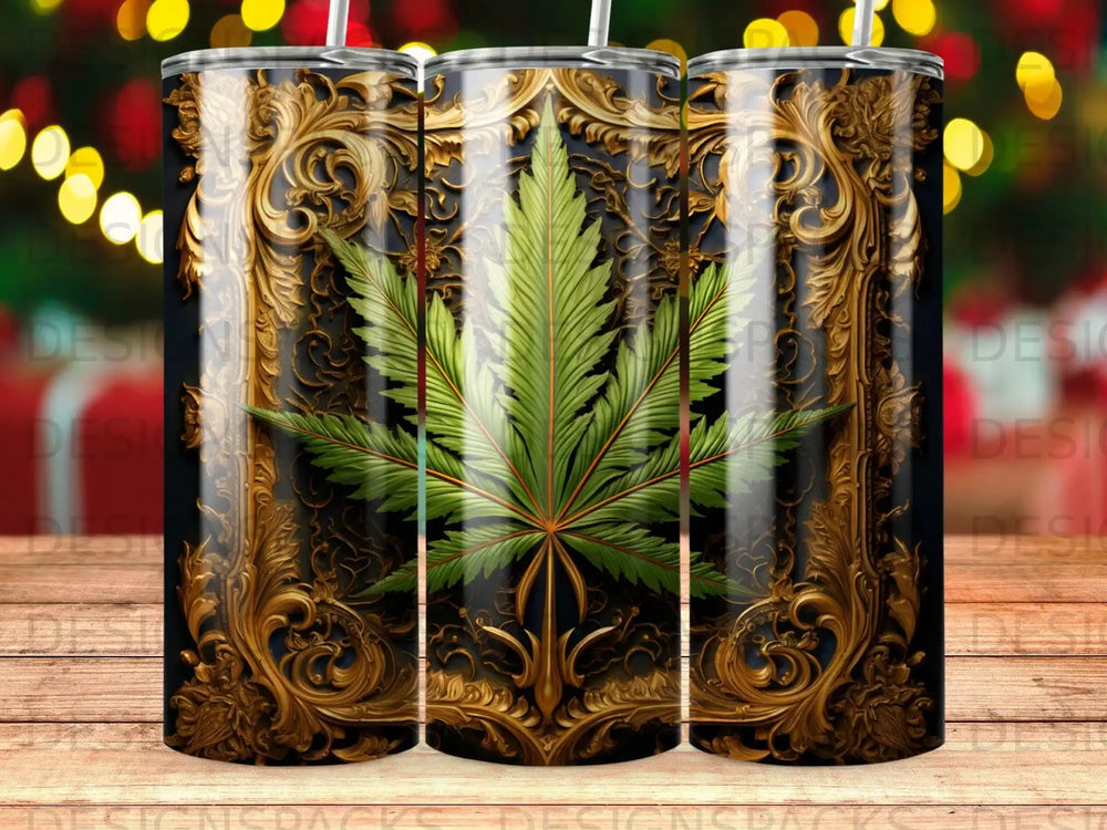 Gold ornate frame surrounds a detailed green cannabis leaf on a black background.