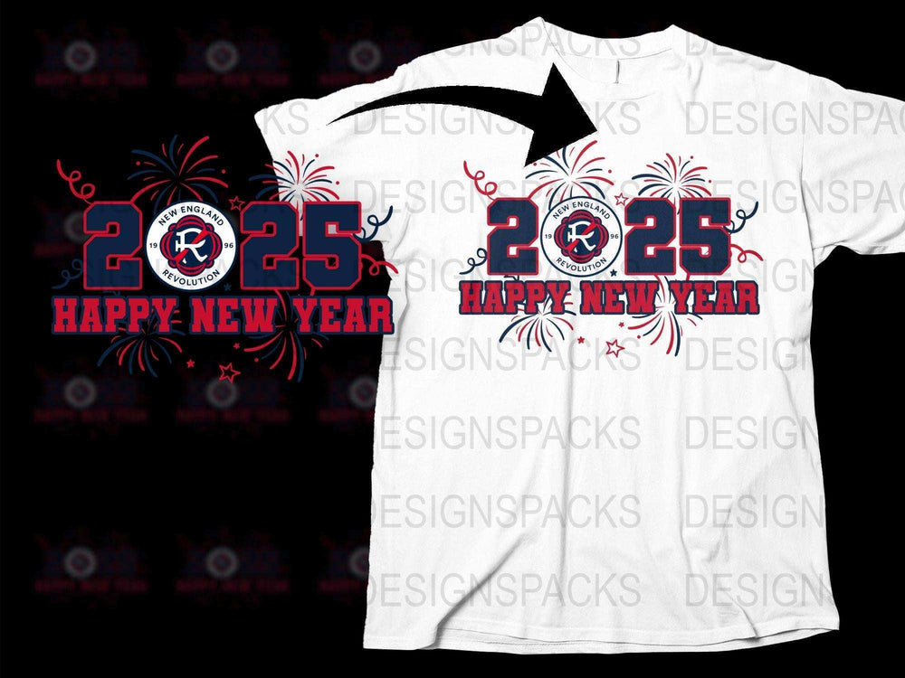 2025 Happy New Year New England Revolution t-shirt design with fireworks, print-ready PNG SVG