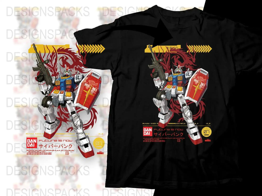 Gundam robot with red dragon, cyberpunk design on black t-shirt, print-ready DTF/DTG graphic