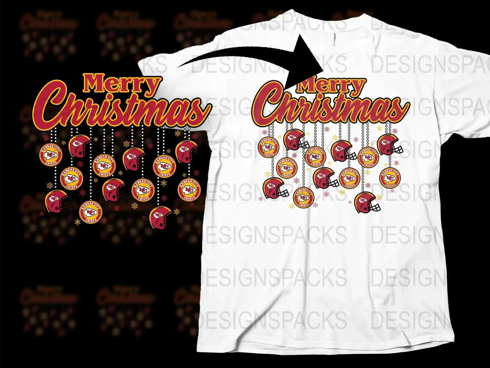 Merry Christmas Kansas City Chiefs helmet design on white t-shirt, festive holiday print