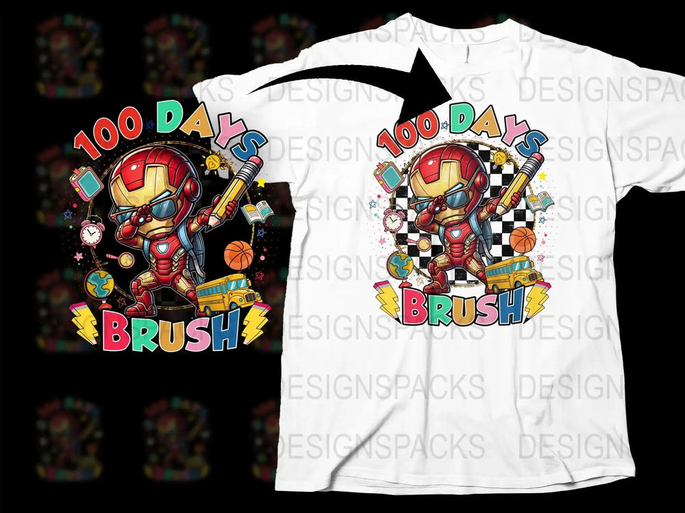 Iron Man 100 Days Brush design on white t-shirt, school-themed print-ready graphic for DTF DTG