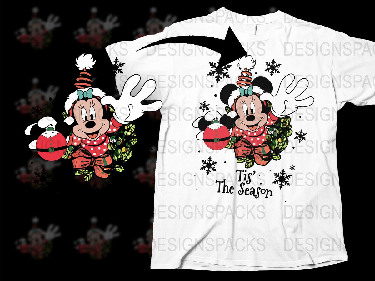 Festive Holiday T-Shirt with Cartoon Mouse, Christmas Gift, Snowflakes Design, Unisex Adult Clothing