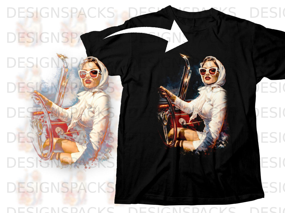 Black t-shirt featuring a retro illustration of a woman driving a convertible.