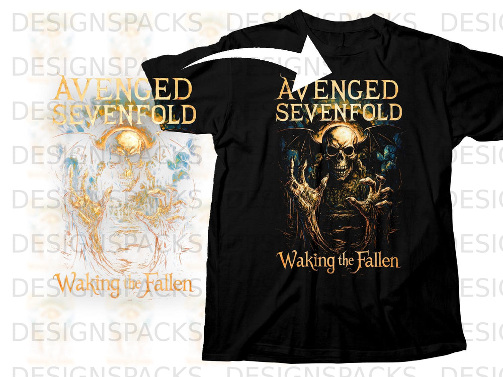 Black t-shirt with Avenged Sevenfold "Waking the Fallen" skull artwork.