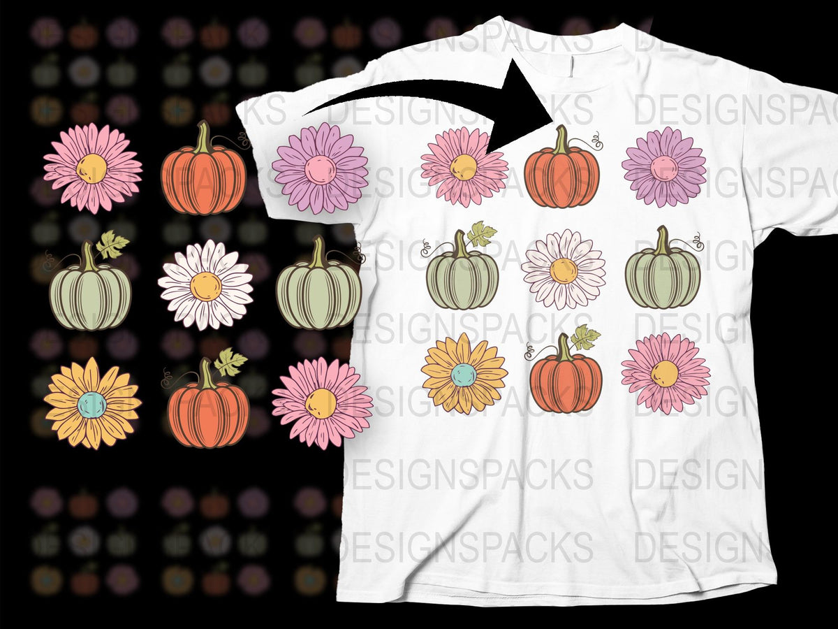 Autumn Flowers and Pumpkins T-Shirt, Floral Fall Graphic Tee, Unisex Adult Clothing, Colorful Thanksgiving Shirt