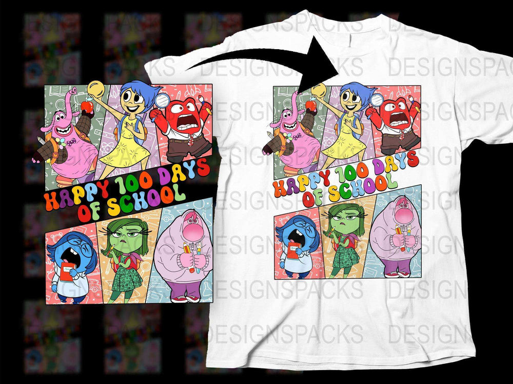 Happy 100 Days of School T-Shirt, Colorful Cartoon Characters, Kids School Celebration Tee
