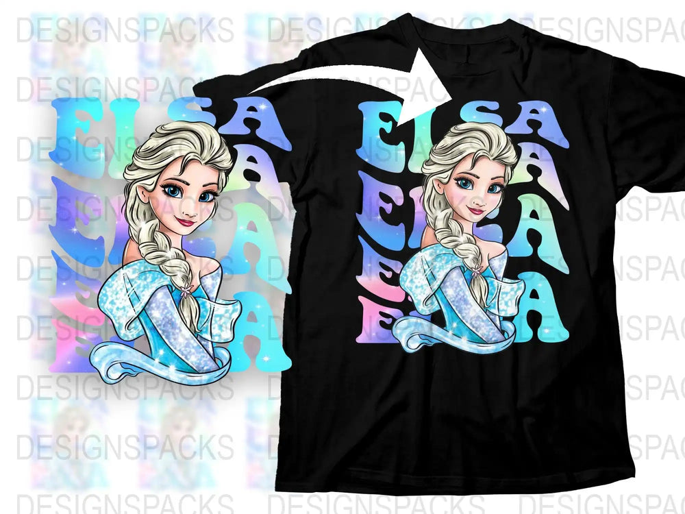 Elsa t-shirt design with glittery blue dress and colorful text for DTF/DTG printing
