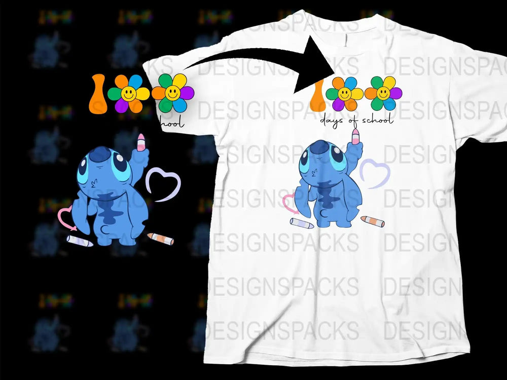 Stitch holding crayons with rainbow flowers, 'days of school' text on white t-shirt design