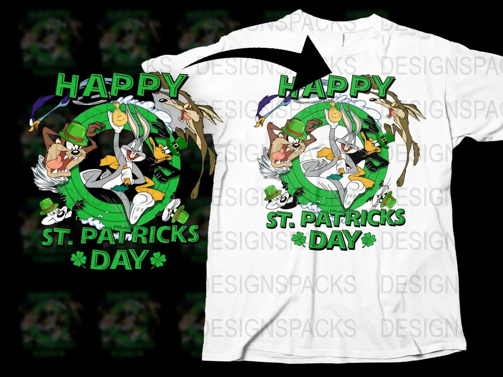 Happy St. Patrick's Day t-shirt design with cartoon characters in green hats and shamrocks