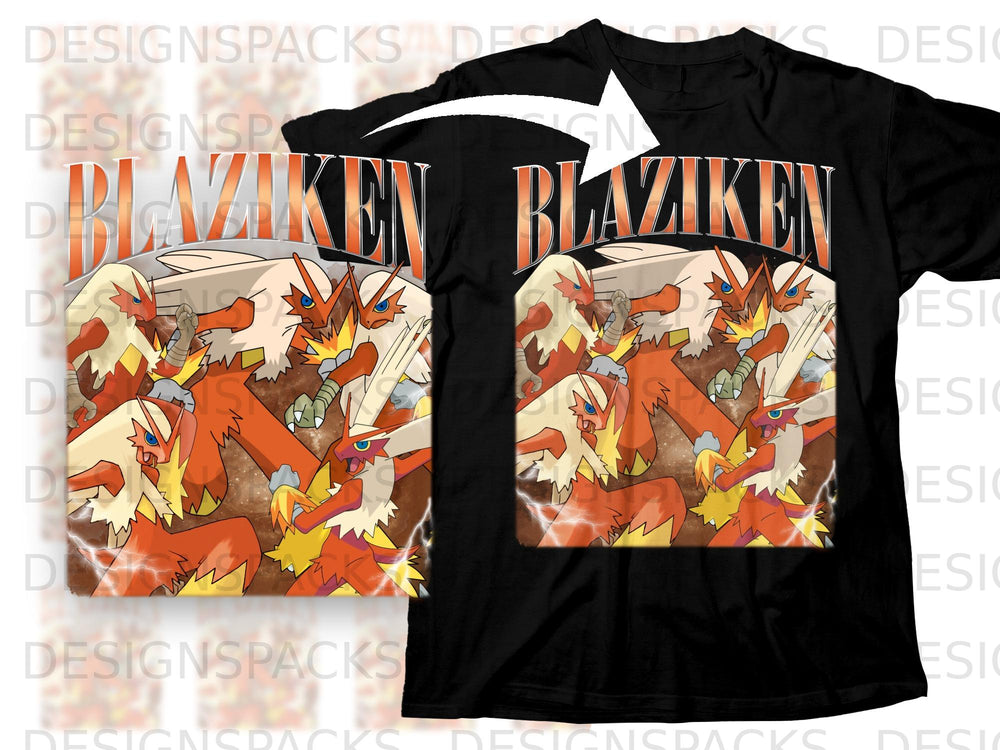 Black t-shirt with a "Blaziken" graphic featuring multiple orange bird-like creatures.