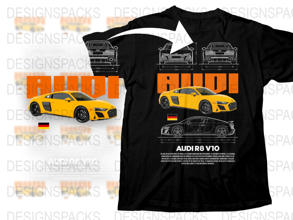 Audi R8 V10 Graphic T-Shirt, Yellow Sports Car Tee, Men's Black Cotton Shirt with Auto Print, Car Lover Gift