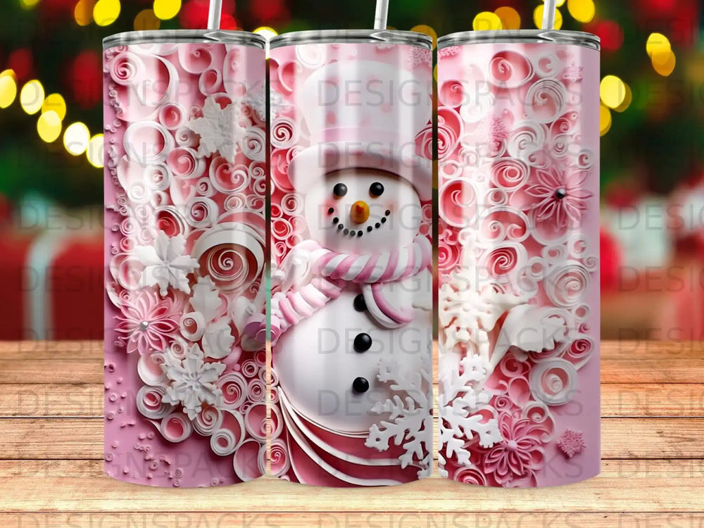Pink snowman tumbler with snowflake and swirl accents.