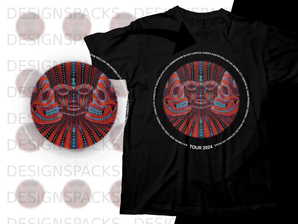 Black t-shirt with a colorful, symmetrical abstract face design and "TOUR 2024" text.