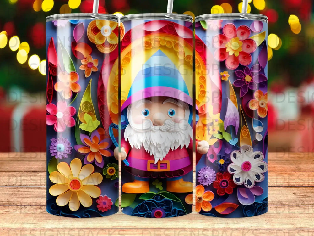 Gnome with rainbow and colorful paper flowers, on a textured background.