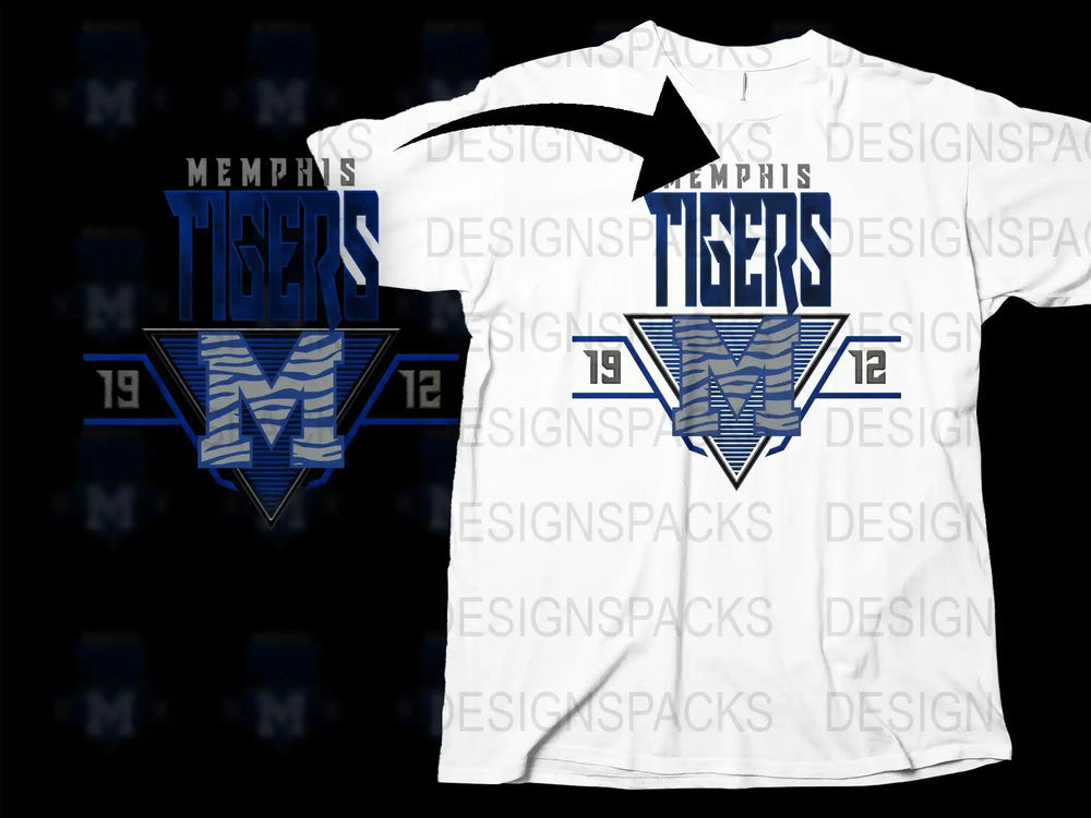 Memphis Tigers 1912 t-shirt design with blue and gray tiger-striped M logo, print-ready for DTG/DTF.