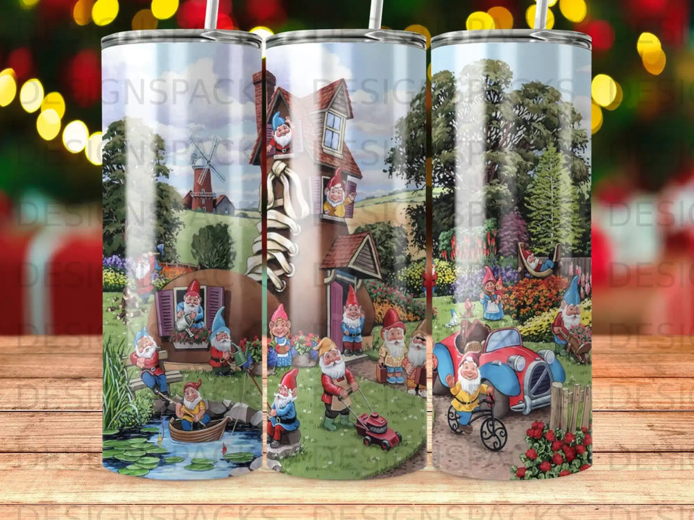 Gnomes in a garden with a red car and a pond.