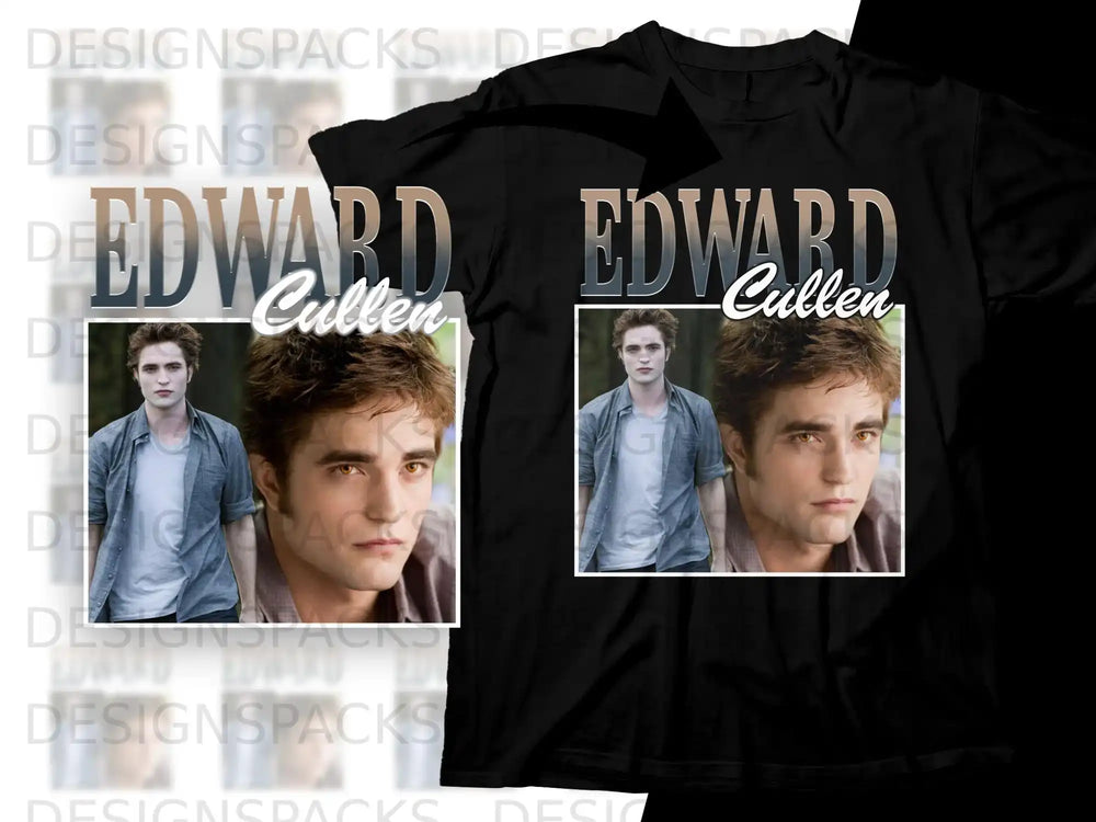 Edward Cullen graphic on black t-shirt.
