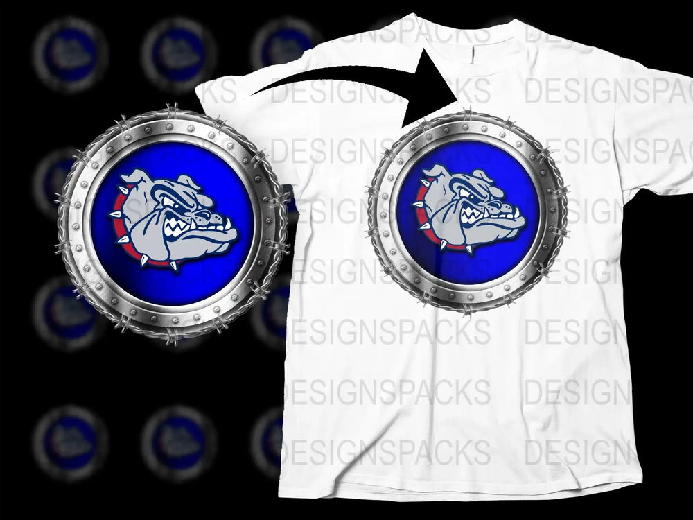 Bulldog design in metallic frame on white t-shirt, print-ready for DTG/DTF