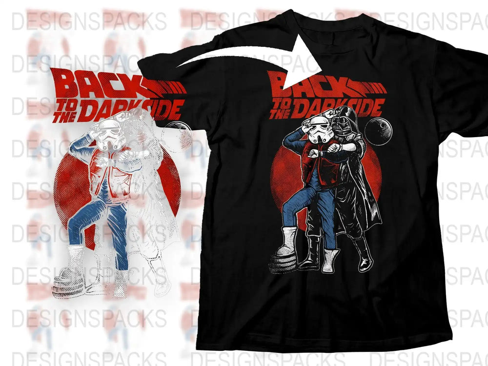 Back to the Dark Side Star Wars t-shirt design with Stormtrooper and Darth Vader, print-ready PNG SVG