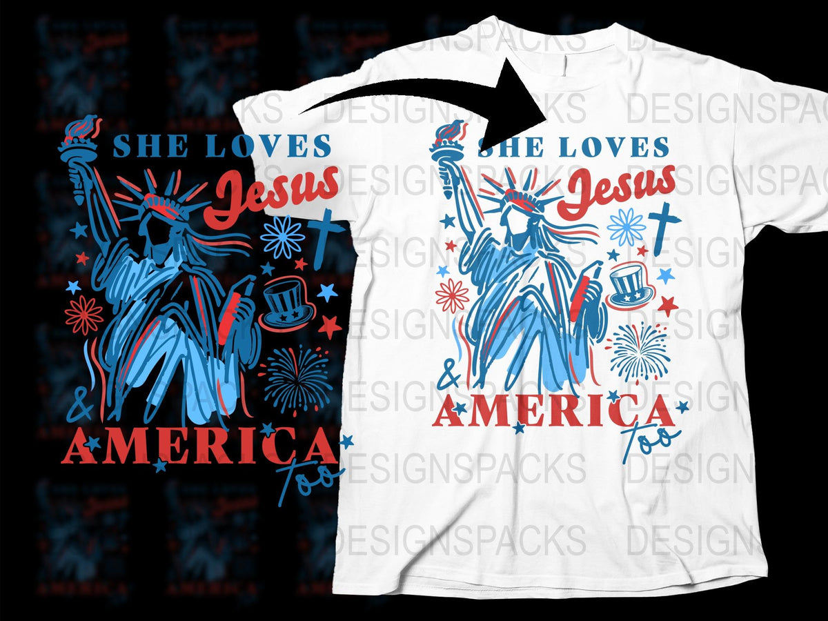 Patriotic T-Shirt She Loves Jesus and America, Statue of Liberty Design, Red White and Blue Graphic Tee, Unisex Fashion