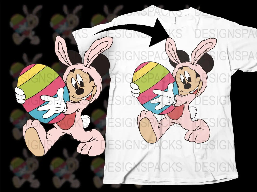 Mickey Mouse in bunny costume holding Easter egg, print-ready design for t-shirts