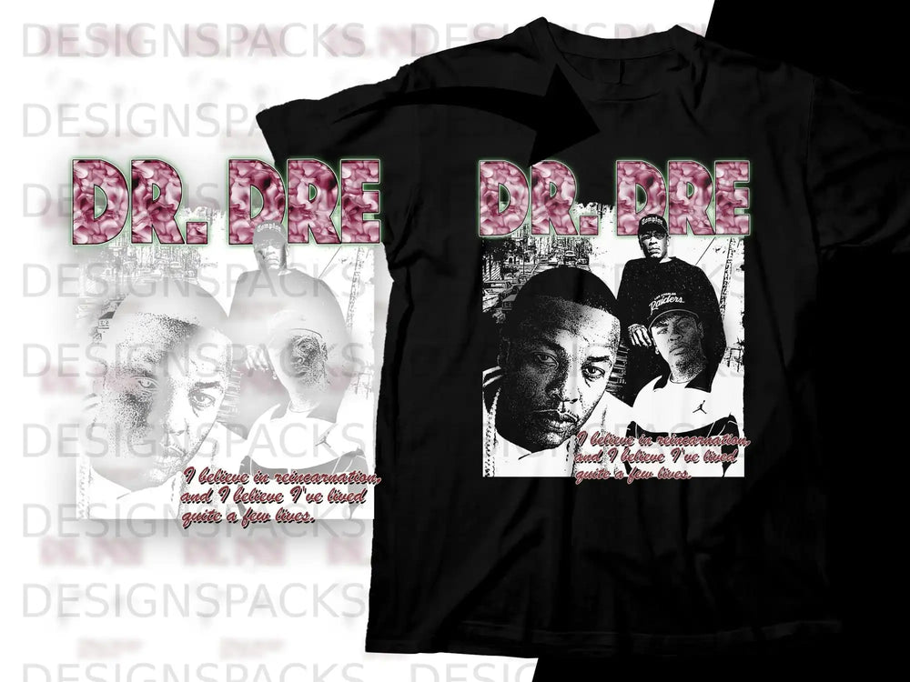 Dr. Dre graphic tee with iconic portrait and "I believe in reincarnation" quote.