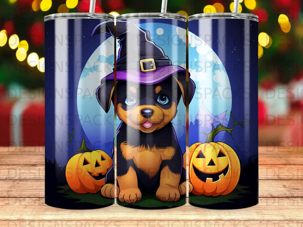 Puppy in witch hat with jack-o'-lanterns, Halloween theme.