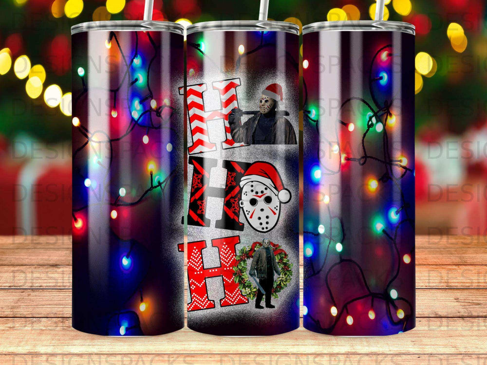 Tumbler with "HO HO HO" and Jason Voorhees in holiday lights.
