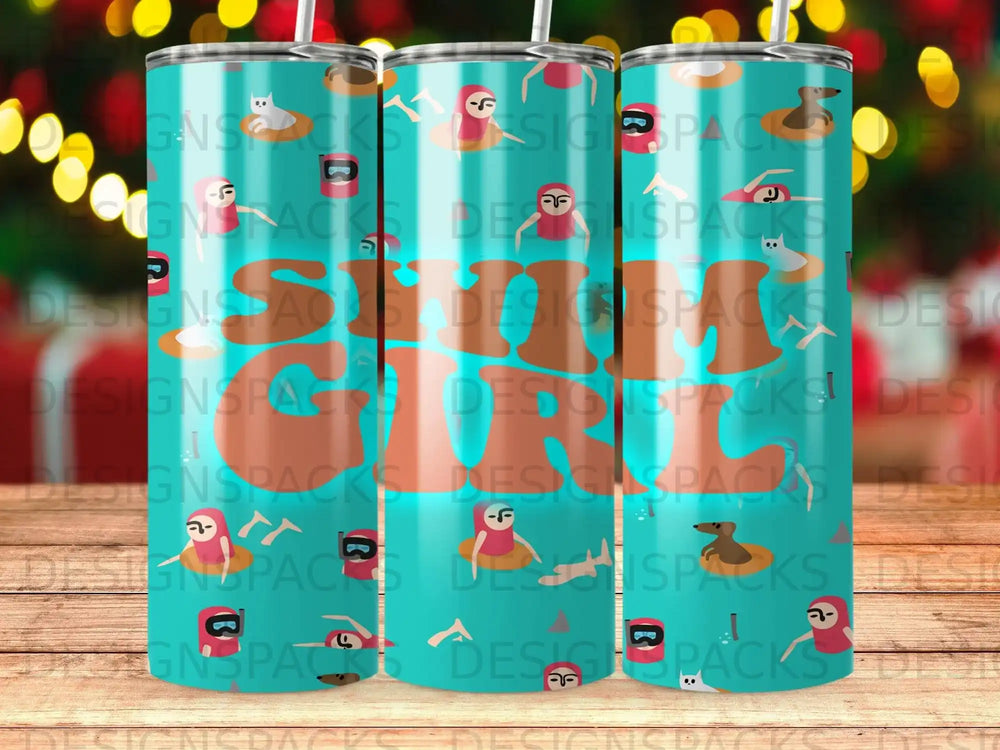 Tumbler with colorful pattern of people swimming and "SURF GIRL" text.