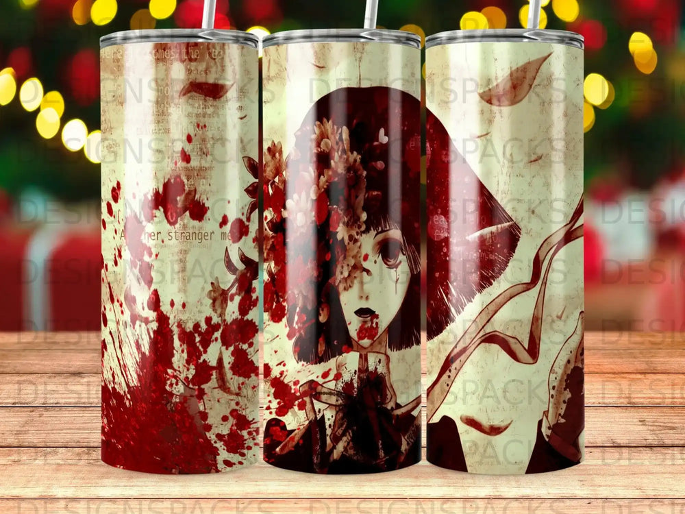 Japanese anime character with floral accents and bloody splatters on a tumbler.