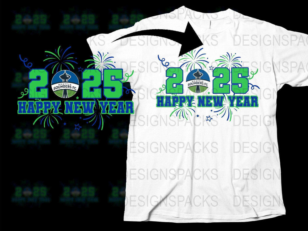 2025 Happy New Year Seattle Sounders FC t-shirt design with fireworks