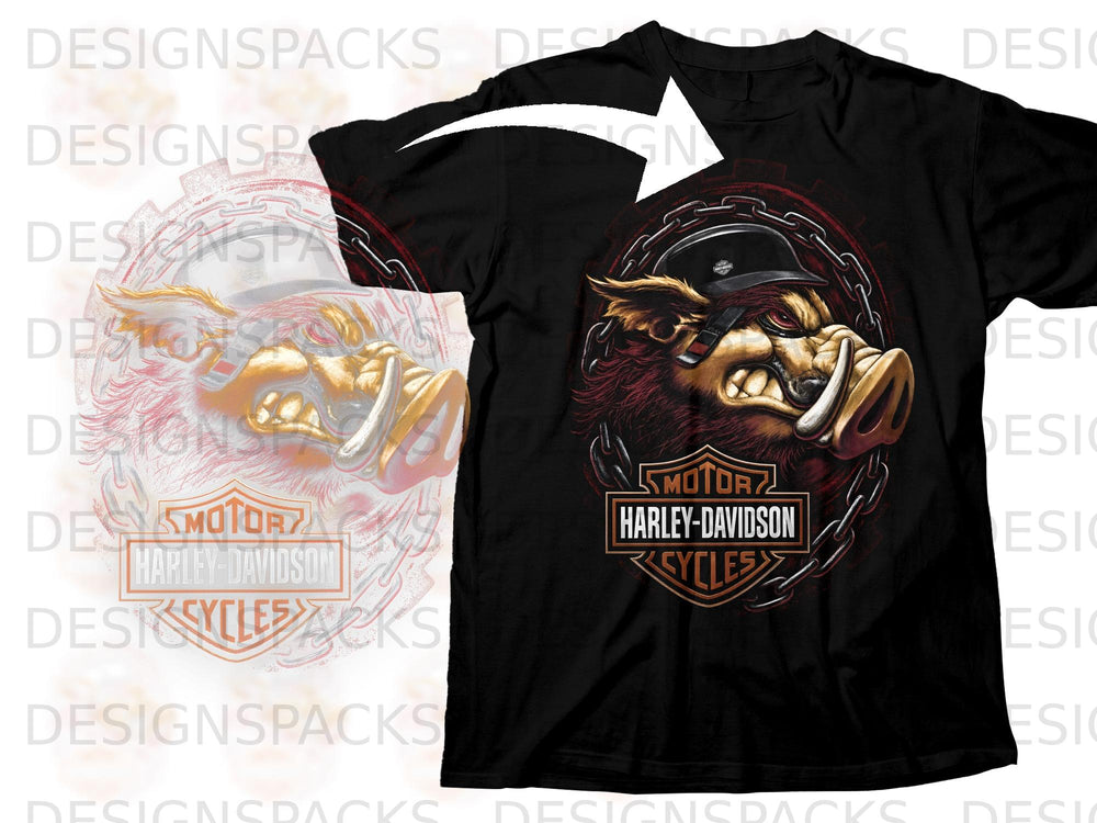 Black t-shirt with a fierce boar wearing a helmet and Harley-Davidson logo.