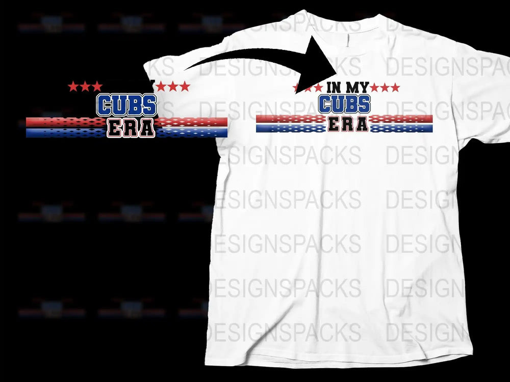 White t-shirt with 'In My Cubs Era' design, red stars, blue-red stripes, print-ready for DTG/DTF