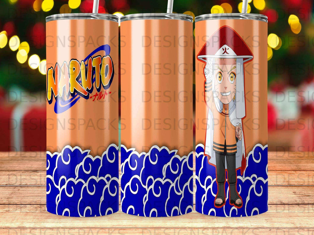 Naruto character with orange and white design on a tumbler.