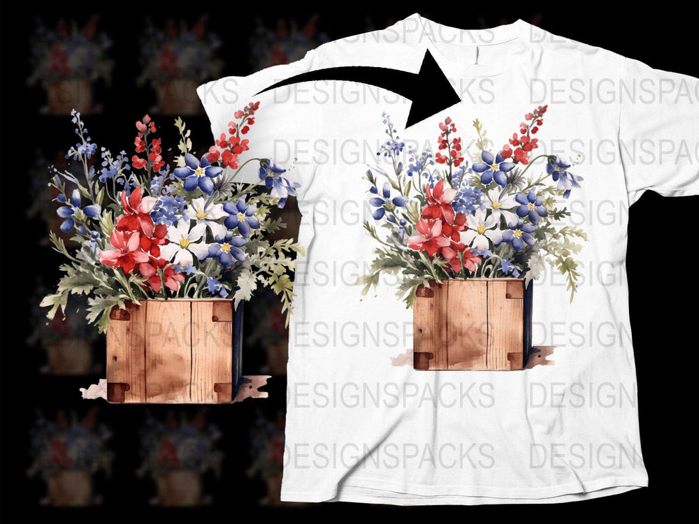Floral Print T-Shirt, Spring Flowers Graphic Tee, Colorful Blooms in Wooden Crate Design, Unisex Fashion Top