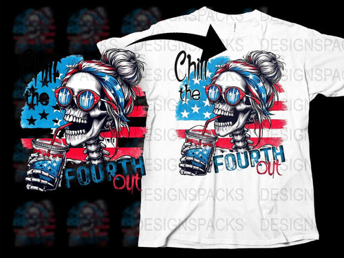 Fourth of July Skull T-Shirt, Patriotic Summer Tee, Skull with Sunglasses and Drink, USA Flag Colors, Unisex Fashion Top