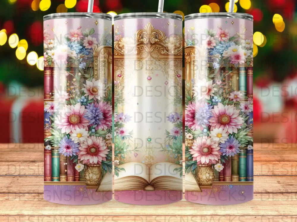 Floral and book design on a tumbler, with a golden ornate frame.